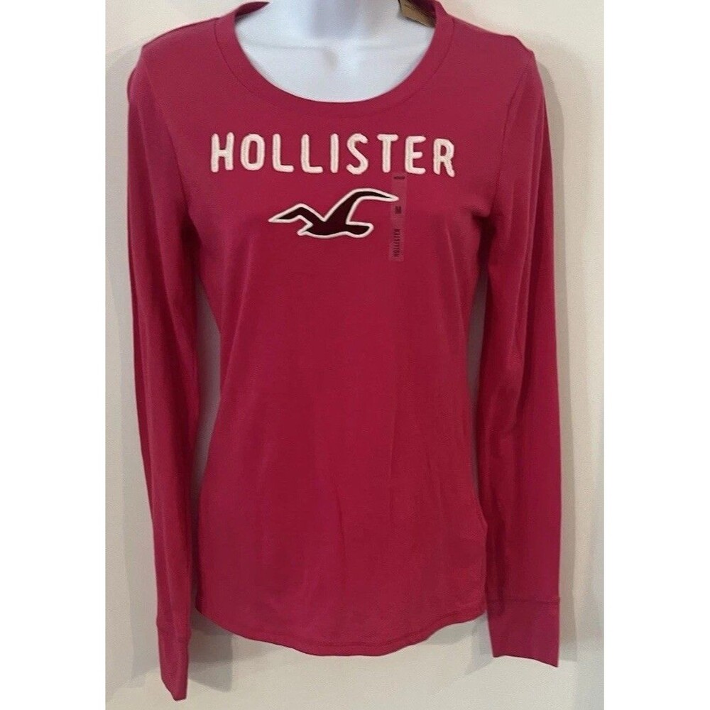Hollister Pink Y2K Long Sleeve Crew Neck Logo Jersey T-Shirt Women Jrs Size M